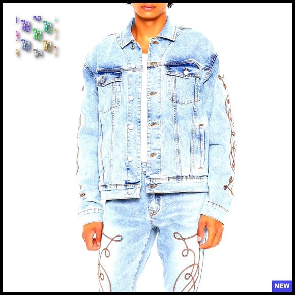 Other - Embroidered Denim Trucker Jacket Stretch Retro Western Aviator Style